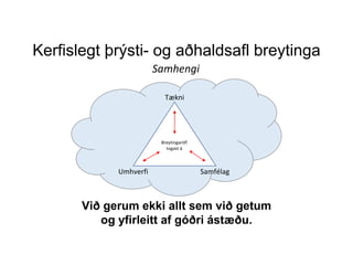Kerfislegt þrýsti- og aðhaldsafl breytinga
Tækni
SamfélagUmhverfi
Samhengi
Breytingaröfl
togast á
Við gerum ekki allt sem við getum
og yfirleitt af góðri ástæðu.
 