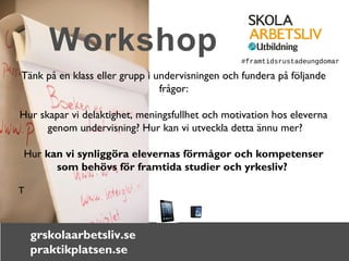 Workshop 
Tänk på en klass eller grupp i undervisningen och fundera på följande 
grskolaarbetsliv.se 
praktikplatsen.se 
frågor: 
Hur skapar vi delaktighet, meningsfullhet och motivation hos eleverna 
genom undervisning? Hur kan vi utveckla detta ännu mer? 
Hur kan vi synliggöra elevernas förmågor och kompetenser 
som behövs för framtida studier och yrkesliv? 
T 
#framtidsrustadeungdomar 
 