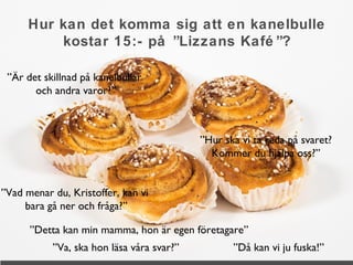 Hur kan det komma sig att en kanelbulle 
kostar 15:- på ”Lizzans Kafé ”? 
”Vad menar du, Kristoffer, kan vi 
bara gå ner och fråga?” 
”Detta kan min mamma, hon är egen företagare” 
grskolaarbetsliv.se 
praktikplatsen.se 
”Då kan vi ju fuska!” 
”Är det skillnad på kanelbullar 
och andra varor?” 
”Hur ska vi ta reda på svaret? 
Kommer du hjälpa oss?” 
”Va, ska hon läsa våra svar?” 
 