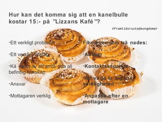 Hur kan det komma sig att en kanelbulle 
kostar 15:- på ”Lizzans Kafé ”? 
-Ett verkligt problem 
-Ett verkligt företag 
-Kä nslan av att anvä nda all 
befintlig kunskap 
-Ansvar 
-Mottagaren verklig 
grskolaarbetsliv.se 
praktikplatsen.se 
#framtidsrustadeungdomar 
Förmå gor som trä nades: 
-Ansvar 
-Kontaktskapande 
-Att vå ga ta sig ut i 
verkligheten 
-Anpassa efter en 
mottagare 
 