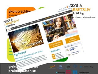 Skolutveckling 
Organisationsutveckling 
•Studie- och 
yrkesvägledning 
•Samverkan skola-arbetsliv 
•Entreprenöriellt lärande/ 
grskolaarbetsliv.se 
praktikplatsen.se 
Mötesplatser 
Frukostmöten 
Branschträffar 
Konferenser 
Nyhetsbrev/goda 
exempel 
Digitala verktyg 
www.praktikplatsen.se 
www.syvonline.se 
www.rekas.se 
www.grskolaarbetsliv.se/eis 
Praktik 2.0 
Fler samverkansformer 
Långsiktiga relationer 
#framtidsrustadeungdomar 
 