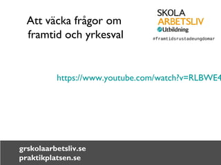 Att väcka frågor om 
framtid och yrkesval #framtidsrustadeungdomar 
https://www.youtube.com/watch?v=RLBWE4BYF2s 
grskolaarbetsliv.se 
praktikplatsen.se 
 