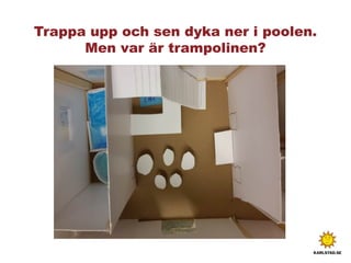 Trappa upp och sen dyka ner i poolen.
Men var är trampolinen?
 