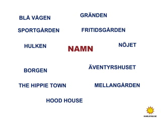 NAMNHULKEN
FRITIDSGÅRDENSPORTGÅRDEN
GRÄNDENBLÅ VÅGEN
ÄVENTYRSHUSET
BORGEN
NÖJET
MELLANGÅRDENTHE HIPPIE TOWN
HOOD HOUSE
 