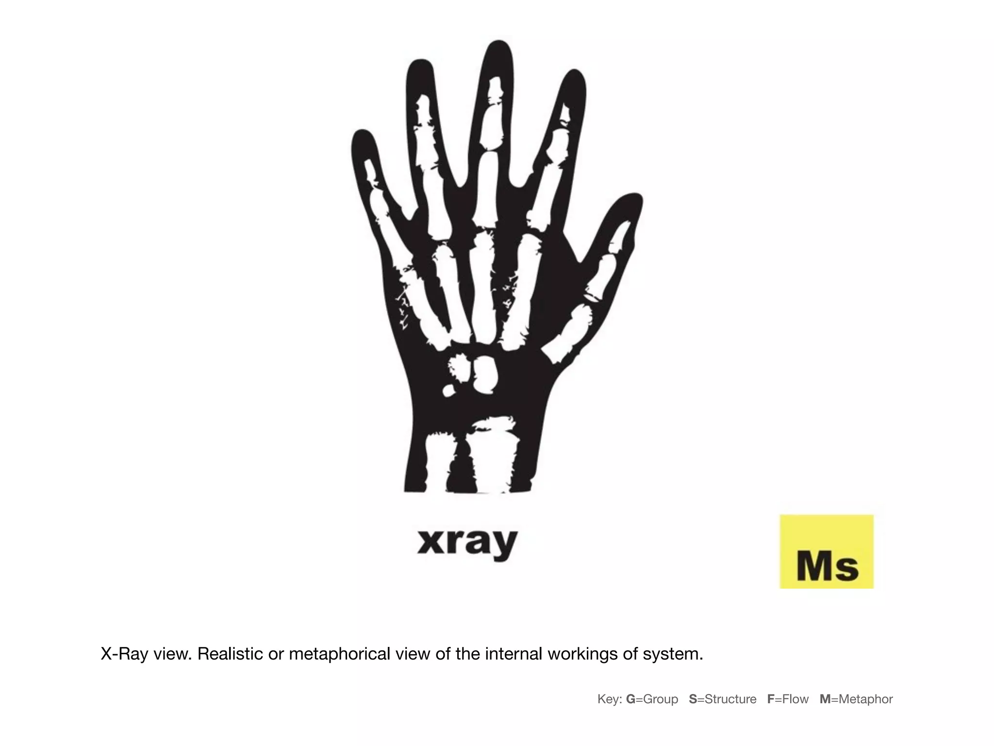 X-Ray view. Realistic or metaphorical view of the internal workings of system.

                                                                Key: G=Group S=Structure F=Flow M=Metaphor
 