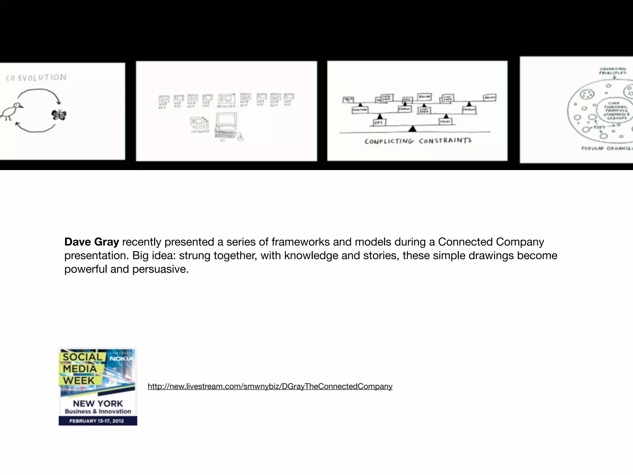 Dave Gray recently presented a series of frameworks and models during a Connected Company
presentation. Big idea: strung together, with knowledge and stories, these simple drawings become
powerful and persuasive.




                http://new.livestream.com/smwnybiz/DGrayTheConnectedCompany
 