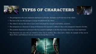 TYPES OF CHARACTERS
• The protagonist is the most important character/s in the film. Examples can be the hero or the villain.
• The hero is the one who manages to escape from/kill/catch the villain.
• The villain is the one who tries to scare and or kill people for example serial killers, monsters…
• The antagonist is a character or group of characters who represent a different idea to the protagonist related to the film.
• The symbolic character is a character who has a positive highlight in the film that makes them have more importance.
• Foil characters are ones who are related in some way to another, like a hero and a villain. An example of this can be
Harry Potter and Voldemort who are connected through Harry’s scar.
 