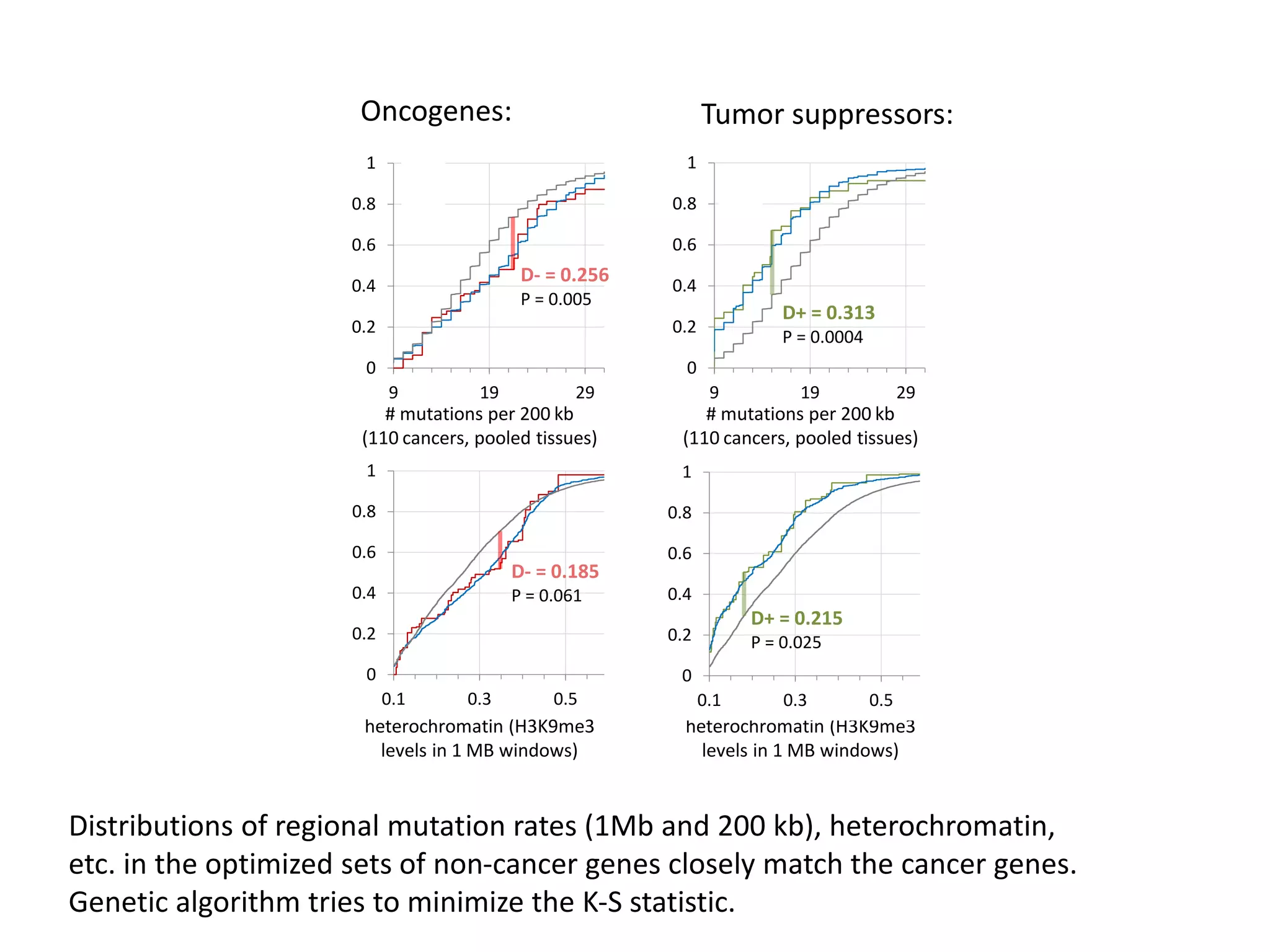 carcinoma, 1Mb
non-carcinoma, 1Mb
pooled, 200kb
liver, 200kb
liver, 1Mb
breast, 1Mb
H3K9me3,
1Mb
alamus
muscle
regional mutation rates
mRNA levels
0
0.2
0.4
0.6
0.8
1
9 19 29
D+ = 0.313
P = 0.0004
0
0.2
0.4
0.6
0.8
1
9 19 29
D- = 0.256
P = 0.005
0.2
0.4
0.6
0.8
1
D+ =0.211
P = 0.026
recurrently mutated genes
(self-reported in literature)
known
ncer genes
in Census
others:
336
39
38
C
# mutations per 200 kb
(110 cancers, pooled tissues)
heterochromatin (H3K9me3
levels in 1 MB windows)
# mutations per 200 kb
(110 cancers, pooled tissues)
heterochromatin (H3K9me3
levels in 1 MB windows)
0.2
0.4
0.6
0.8
1
D- = 0.199
P = 0.043
0
0.2
0.4
0.6
0.8
1
0.1 0.3 0.5
D+ = 0.215
P = 0.025
D
19 1821
nse-
ted
enes
recurrently mutated
(from literature)
oncogenes
0
0.2
0.4
0.6
0.8
1
0.1 0.3 0.5
D- = 0.185
P = 0.061
Oncogenes: Tumor suppressors:
Distributions of regional mutation rates (1Mb and 200 kb), heterochromatin,
etc. in the optimized sets of non-cancer genes closely match the cancer genes.
Genetic algorithm tries to minimize the K-S statistic.
 