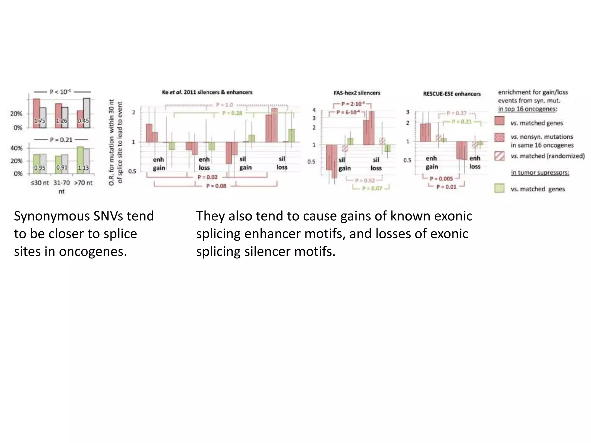 Synonymous SNVs tend
to be closer to splice
sites in oncogenes.
They also tend to cause gains of known exonic
splicing enhancer motifs, and losses of exonic
splicing silencer motifs.
 