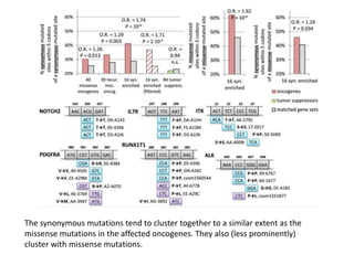 The synonymous mutations tend to cluster together to a similar extent as the
missense mutations in the affected oncogenes. They also (less prominently)
cluster with missense mutations.
 