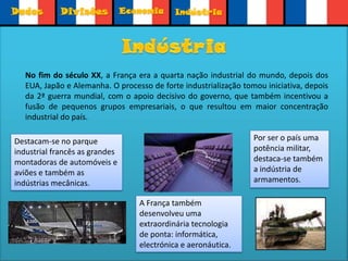 DadosDivisõesEconomiaEconomiaAté meados do século XIX, a economia francesa era essencialmente agrícola, com importantes actividades artesanais. O desenvolvimento dos transportes, na segunda metade do século XIX, acelerou a concentração, em certas áreas, de actividades industriais. Métodos modernos de fabricação em série foram implantados após a 1ª guerra mundial.Depois da 2ª guerra mundial, mais exactamente a partir de 1950, o governo francês estabeleceu algumas medidas para proteger os seus produtos dos produtos estrangeiros, que foram progressivamente  abandonadas à medida que a indústria francesa se modernizou, tornando-se muito mais competitiva. Na década de 1970 a produção industrial francesa cresceu mais de 33% mas, a partir de 1980, estabilizou-se.