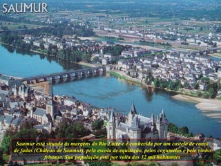 Saumur está situada às margens do Rio Loire e é conhecida por um castelo de conto de fadas (Château de Saumur), pela escola de equitação, pelos cogumelos e pelo vinho frisante. Sua população está por volta dos 32 mil habitantes 