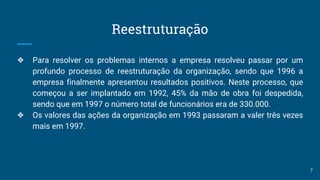 Reestruturação
❖ Para resolver os problemas internos a empresa resolveu passar por um
profundo processo de reestruturação da organização, sendo que 1996 a
empresa finalmente apresentou resultados positivos. Neste processo, que
começou a ser implantado em 1992, 45% da mão de obra foi despedida,
sendo que em 1997 o número total de funcionários era de 330.000.
❖ Os valores das ações da organização em 1993 passaram a valer três vezes
mais em 1997.
7
 