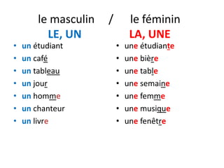 le masculin / le féminin
LE, UN LA, UNE
• un étudiant
• un café
• un tableau
• un jour
• un homme
• un chanteur
• un livre
• une étudiante
• une bière
• une table
• une semaine
• une femme
• une musique
• une fenêtre
 