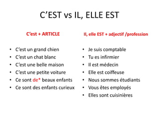 C’EST vs IL, ELLE EST
C’est + ARTICLE
• C’est un grand chien
• C’est un chat blanc
• C’est une belle maison
• C’est une petite voiture
• Ce sont de* beaux enfants
• Ce sont des enfants curieux
Il, elle EST + adjectif /profession
• Je suis comptable
• Tu es infirmier
• Il est médecin
• Elle est coiffeuse
• Nous sommes étudiants
• Vous êtes employés
• Elles sont cuisinières
 