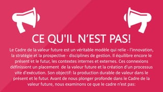 Proposition du Valeur Actuelle
Pourquoi avons-nous des préocupations?
Quels sont les valeurs que nous générons?
Quels sont les produits et les services d’échange avec les valeurs?
«Où» et «quand» est la valeur perçue et échangé?
Portefeuille de changement
Quelle est notre Question focale?
Ce qui est dans le changement?
Quels changements sont pertinents pour notre entreprise?
Contexte futur
Quelles sont les sociétés plausibles du futur?
Quelle est la valeur des personnes et que font les gens dans le futur?
Vision
Quel est le futur désiré et officiel?
Proposition de Valeur Futur
Pourquoi avons-nous des préocupations?
Quelle valeur pouvons-nous produire?
Quelle valeur d'échange est probable?
«Où» et «quand» est la valeur perçue et échangé?
Politiques de valeur
Comment pouvons-nous nous connectons les propositions de valeur?
Quelles sont les stratégies et les actions prévues?
Options de Portefeuille
Quels sont les actifs / ressources que nous disposons?
Quels sont les nouveaux actifs / ressources que nous avons besoin?
 