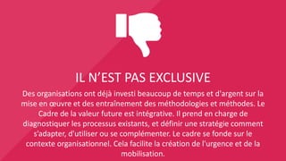 IL N’A PAS ÉTÉ ISOLÉ
La fondation du cadre est le contexte organisationnel et les changements
externes. Aligné sur la capacité organisationnelle et de la culture, il
permet aux entreprises de déterminer leur stratégie unique pour
l'exécution. En outre, il est centré humain. Il prend en compte le contexte
utilisateur / client de concevoir des solutions de rechange stratégiques
pertinents.
 