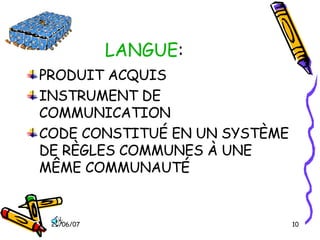 LANGUE : PRODUIT ACQUIS INSTRUMENT DE COMMUNICATION CODE CONSTITUÉ EN UN SYSTÈME DE RÈGLES COMMUNES À UNE MÊME COMMUNAUTÉ 