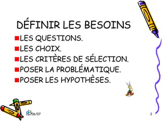 DÉFINIR LES BESOINS LES QUESTIONS. LES CHOIX. LES CRITÈRES DE SÉLECTION. POSER LA PROBLÉMATIQUE. POSER LES HYPOTHÈSES. 