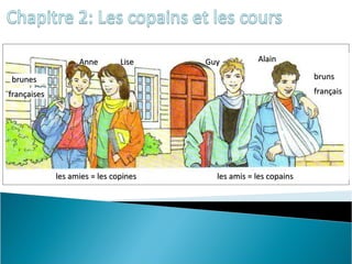 Chapitre 2: Les copains et les coursLes mots 1 : People / SchoolVocabularyle professeur (le prof) = un homme =une femme =la classe =le cours =la salle de classe = même = maintenant =mais =vraiment = (être) d’accord = facile = difficile = chouette =super-chouette =terrible =extra =super =moche =occupé = 