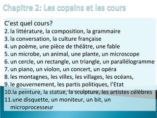 Chapitre 2: Les copains et les coursle coursla salle de classela classeBonjour! Nous sommes élèves dans la classe de Monsieur Betancourt.M. Betancourt est le prof de français.Maintenant, nous sommes dans la salle de classe 21.