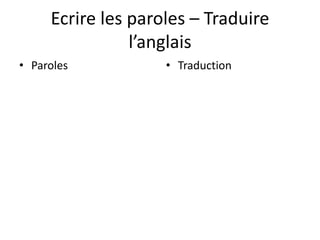 Ecrire les paroles – Traduire
                l’anglais
• Paroles           • Traduction
 
