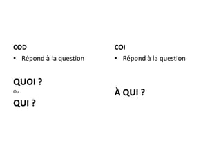 COD                      COI
• Répond à la question   • Répond à la question


QUOI ?
Ou                       À QUI ?
QUI ?
 
