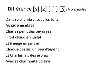 Différence [s] [z] [ ʃ ] [Ʒ] : Montmartre
Dans sa chambre, sous les toits
Au sixième étage
Charles peint des paysages
Il fait chaud en juillet
Et il neige en janvier
Chaque dessin, un peu d’argent
Et Charles fait des projets
Avec sa charmante voisine
 