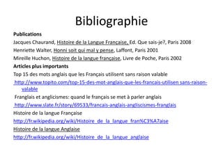 BibliographieBibliographie
Publications
Jacques Chaurand Histoire de la Langue Française Ed Que sais je? Paris 2008Jacques Chaurand, Histoire de la Langue Française, Ed. Que sais‐je?, Paris 2008
Henriette Walter, Honni soit qui mal y pense, Laffont, Paris 2001
Mireille Huchon, Histoire de la langue française, Livre de Poche, Paris 2002
Articles plus importants
Top 15 des mots anglais que les Français utilisent sans raison valable
http://www.topito.com/top‐15‐des‐mot‐anglais‐que‐les‐francais‐utilisen sans‐raison‐http://www.topito.com/top 15 des mot anglais que les francais utilisen sans raison
valable
Franglais et anglicismes: quand le français se met à parler anglais
http://www slate fr/story/69533/francais anglais angliscismes franglaishttp://www.slate.fr/story/69533/francais‐anglais‐angliscismes‐franglais
Histoire de la langue Française
http://fr.wikipedia.org/wiki/Histoire_de_la_langue_fran%C3%A7aise
Histoire de la langue Anglaise
http://fr.wikipedia.org/wiki/Histoire_de_la_langue_anglaise
 