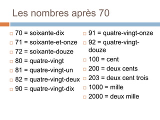 Les nombres après 70
   70 = soixante-dix           91 = quatre-vingt-onze
   71 = soixante-et-onze       92 = quatre-vingt-
   72 = soixante-douze          douze
   80 = quatre-vingt           100 = cent
   81 = quatre-vingt-un        200 = deux cents
   82 = quatre-vingt-deux      203 = deux cent trois
   90 = quatre-vingt-dix       1000 = mille
                                2000 = deux mille
 