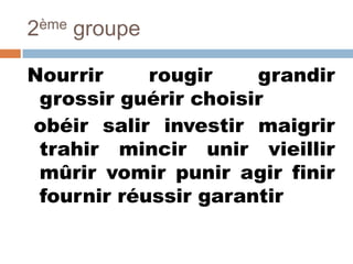 2ème   groupe

Nourrir     rougir    grandir
 grossir guérir choisir
obéir salir investir maigrir
 trahir mincir unir vieillir
 mûrir vomir punir agir finir
 fournir réussir garantir
 