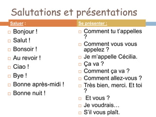 Salutations et présentations
Saluer :                 Se présenter :

   Bonjour !               Comment tu t’appelles
                             ?
   Salut !
                            Comment vous vous
   Bonsoir !                appelez ?
   Au revoir !             Je m’appelle Cécilia.
                            Ça va ?
   Ciao !
                            Comment ça va ?
   Bye !                   Comment allez-vous ?
   Bonne après-midi !      Très bien, merci. Et toi
   Bonne nuit !             ?
                             Et vous ?
                            Je voudrais…
                            S’il vous plaît.
 