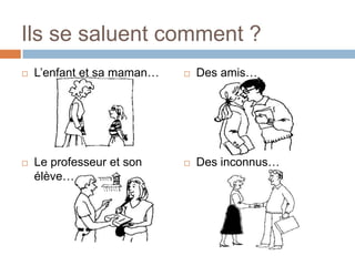 Ils se saluent comment ?
   L’enfant et sa maman…      Des amis…




   Le professeur et son       Des inconnus…
    élève…
 