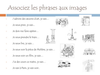 Associez les phrases aux images
1.    J’admire des œuvres d’art, je vais…

2.    Je veux prier, je vais...

3.    Je dois me faire opérer…

4.    Je veux prendre le train…

5.    Je veux lire, je vais…

6.    Je veux voir la pièce de Molière, je vais…

7.    Je veux voir un film, je vais…

8.    J’ai des cours ce matin, je vais…

9.    Je vais à Paris, je vais voir..
 