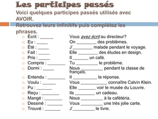 Les participes passés
Voici quelques participes passés utilisés avec
AVOIR.
Retrouvez leurs infinitifs puis complétez les
phrases.
     Écrit : ______     Vous avez écrit au directeur?
     Eu : _____         On _________ des problèmes.
     Été : _____        J’_________ malade pendant le voyage.
     Fait : _____       Elle _________ des études en design.
     Pris : _____       Il _______ un café.
     Compris : ________ Tu __________ le problème.
     Dormi : _____      Nous __________ pendant la classe de
                         français.
     Entendu : ________ Il ___________ la réponse.
     Voulu : ______     Vous ____________ connaître Calvin Klein.
     Pu : _______       Elle ________ voir le musée du Louvre.
     Reçu : ________    Ils _________ un cadeau.
     Mangé : ________   Nous __________ à la cafétéria.
     Dessiné : _______  Vous __________ une très jolie carte.
     Trouvé : _______   J’__________ le livre.
 