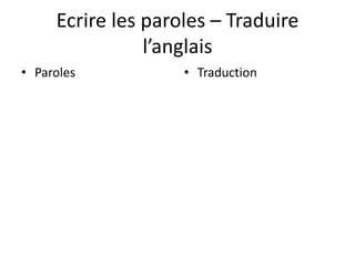 Ecrire les paroles – Traduire
                l’anglais
• Paroles           • Traduction
 