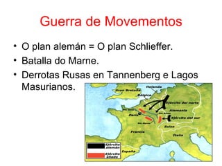 Guerra de Movementos
• O plan alemán = O plan Schlieffer.
• Batalla do Marne.
• Derrotas Rusas en Tannenberg e Lagos
  Masurianos.
 