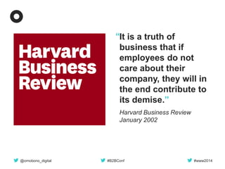 @omobono_digital 
#B2BConf 
#www2014 
It is a truth of business that if employees do not care about their company, they will in the end contribute to its demise.” 
Harvard Business Review 
January 2002 
“  