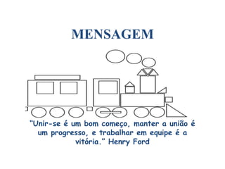 MENSAGEM
“Unir-se é um bom começo, manter a união é
um progresso, e trabalhar em equipe é a
vitória.” Henry Ford
 