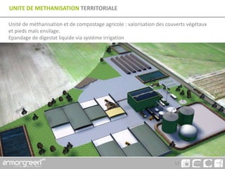13
UNITE DE METHANISATION TERRITORIALE
Unité de méthanisation et de compostage agricole : valorisation des couverts végétaux
et pieds maïs ensilage.
Epandage de digestat liquide via système irrigation
 
