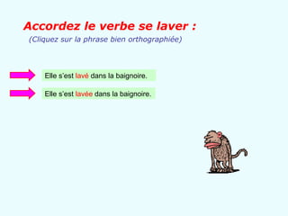 Accordez le verbe se laver :
(Cliquez sur la phrase bien orthographiée)




    Elle s’est lavé dans la baignoire.

    Elle s’est lavée dans la baignoire.
 