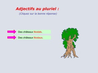 Adjectifs au pluriel :
 (Cliquez sur la bonne réponse)




 Des châteaux féodals.

 Des châteaux féodaux.
 