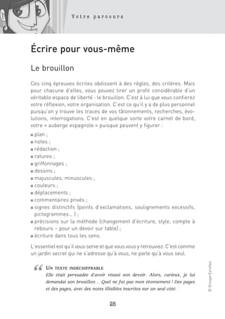 Votre parcours




Écrire pour vous-même
Le brouillon
Ces cinq épreuves écrites obéissent à des règles, des critères. Mais
pour chacune d’elles, vous pouvez tirer un profit considérable d’un
véritable espace de liberté : le brouillon. C’est à lui que vous confierez
votre réflexion, votre organisation. C’est ce qu’il y a de plus personnel
puisqu’on y trouve les traces de vos tâtonnements, recherches, évo-
lutions, interrogations. C’est en quelque sorte votre carnet de bord,
votre « auberge espagnole » puisque peuvent y figurer :
■ plan ;
■ notes ;
■ rédaction ;

■ ratures ;

■ griffonnages ;

■ dessins ;

■ majuscules, minuscules ;

■ couleurs ;

■ déplacements ;

■ commentaires privés ;

■ signes distinctifs (points d’exclamations, soulignements excessifs,

  pictogrammes… ) ;
■ précisions sur la méthode (changement d’écriture, style, compte à

  rebours – pour un devoir sur table) ;
■ écriture dans tous les sens.


L’essentiel est qu’il vous serve et que vous vous y retrouviez. C’est comme
un jardin secret qui ne s’adresse qu’à vous, ne parle qu’à vous seul.
                                                                               © Groupe Eyrolles




“     UN   TEXTE INDÉCHIFFRABLE
      Elle était persuadée d’avoir réussi son devoir. Alors, curieux, je lui
      demandai son brouillon… Quel ne fut pas mon étonnement ! Des pages
      et des pages, avec des notes illisibles inscrites sur un seul côté.


                                    28
 