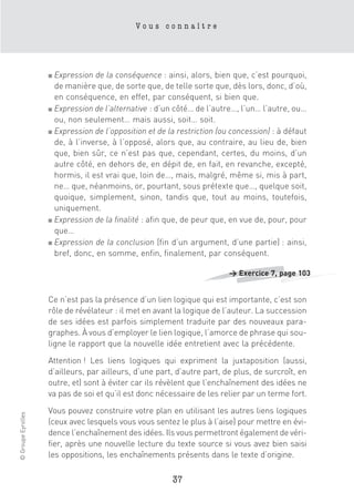 Vous connaître




                    ■ Expression de la conséquence : ainsi, alors, bien que, c’est pourquoi,
                      de manière que, de sorte que, de telle sorte que, dès lors, donc, d’où,
                      en conséquence, en effet, par conséquent, si bien que.
                    ■ Expression de l’alternative : d’un côté… de l’autre…, l’un… l’autre, ou…

                      ou, non seulement… mais aussi, soit… soit.
                    ■ Expression de l’opposition et de la restriction (ou concession) : à défaut

                      de, à l’inverse, à l’opposé, alors que, au contraire, au lieu de, bien
                      que, bien sûr, ce n’est pas que, cependant, certes, du moins, d’un
                      autre côté, en dehors de, en dépit de, en fait, en revanche, excepté,
                      hormis, il est vrai que, loin de…, mais, malgré, même si, mis à part,
                      ne… que, néanmoins, or, pourtant, sous prétexte que…, quelque soit,
                      quoique, simplement, sinon, tandis que, tout au moins, toutefois,
                      uniquement.
                    ■ Expression de la finalité : afin que, de peur que, en vue de, pour, pour

                      que…
                    ■ Expression de la conclusion (fin d’un argument, d’une partie) : ainsi,

                      bref, donc, en somme, enfin, finalement, par conséquent.

                                                                         > Exercice 7, page 103


                    Ce n’est pas la présence d’un lien logique qui est importante, c’est son
                    rôle de révélateur : il met en avant la logique de l’auteur. La succession
                    de ses idées est parfois simplement traduite par des nouveaux para-
                    graphes. À vous d’employer le lien logique, l’amorce de phrase qui sou-
                    ligne le rapport que la nouvelle idée entretient avec la précédente.

                    Attention ! Les liens logiques qui expriment la juxtaposition (aussi,
                    d’ailleurs, par ailleurs, d’une part, d’autre part, de plus, de surcroît, en
                    outre, et) sont à éviter car ils révèlent que l’enchaînement des idées ne
                    va pas de soi et qu’il est donc nécessaire de les relier par un terme fort.

                    Vous pouvez construire votre plan en utilisant les autres liens logiques
© Groupe Eyrolles




                    (ceux avec lesquels vous vous sentez le plus à l’aise) pour mettre en évi-
                    dence l’enchaînement des idées. Ils vous permettront également de véri-
                    fier, après une nouvelle lecture du texte source si vous avez bien saisi
                    les oppositions, les enchaînements présents dans le texte d’origine.

                                                        37
 