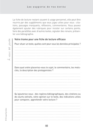 Les supports de vos écrits




                                      La fiche de lecture restant souvent à usage personnel, elle peut être
                                      nourrie par des suppléments que vous jugez utiles pour vous : cita-
                                      tions, passages marquants, réflexions, commentaires. Vous pouvez
                                      également ajouter des rubriques pour insister sur certains points,
                                      faire des parallèles avec d’autres textes, signaler des renvois, présen-
                                      ter une bibliographie.

                                       Votre trame pour une fiche de lecture efficace
                    à vous de jouer




                                       Pour situer un texte, quelles sont pour vous les données principales ?
                                       ……………………………………………………………………………………………………………
                                       ……………………………………………………………………………………………………………
                                       ……………………………………………………………………………………………………………
                                       ……………………………………………………………………………………………………………
                                       ……………………………………………………………………………………………………………
                                       ……………………………………………………………………………………………………………
                                       ……………………………………………………………………………………………………………
                                       Dans quel ordre placeriez-vous le sujet, le commentaire, les mots-
                                       clés, la description des protagonistes ?
                                       ……………………………………………………………………………………………………………
                                       ……………………………………………………………………………………………………………
                                       ……………………………………………………………………………………………………………
                                       ……………………………………………………………………………………………………………
                                       ……………………………………………………………………………………………………………
                                       ……………………………………………………………………………………………………………
                                       ……………………………………………………………………………………………………………
                                       Qu’ajouteriez-vous : des repères bibliographiques, des citations ou
                                       de courts extraits, votre opinion sur le texte, des indications utiles
                                       pour comparer, approfondir votre lecture ?
                                       ……………………………………………………………………………………………………………
                                       ……………………………………………………………………………………………………………
                                       ……………………………………………………………………………………………………………
© Groupe Eyrolles




                                       ……………………………………………………………………………………………………………
                                       ……………………………………………………………………………………………………………
                                       ……………………………………………………………………………………………………………
                                       ……………………………………………………………………………………………………………

                                                                        85
 