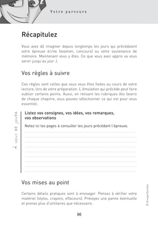 Votre parcours




                  Récapitulez
                  Vous avez dû imaginer depuis longtemps les jours qui précédaient
                  votre épreuve écrite (examen, concours) ou votre soutenance de
                  mémoire. Maintenant vous y êtes. Ce que vous avez appris va vous
                  servir jusqu’au jour J.


                  Vos règles à suivre
                  Ces règles sont celles que vous vous êtes fixées au cours de votre
                  lecture, lors de votre préparation. L’émulation qui précède peut faire
                  oublier certains points. Aussi, en relisant les rubriques Vos favoris
                  de chaque chapitre, vous pouvez sélectionner ce qui est pour vous
                  essentiel.

                   Listez vos consignes, vos idées, vos remarques,
à vous de jouer




                   vos observations
                   Notez ici les pages à consulter les jours précédant l’épreuve.
                   ……………………………………………………………………………………………………………
                   ……………………………………………………………………………………………………………
                   ……………………………………………………………………………………………………………
                   ……………………………………………………………………………………………………………
                   ……………………………………………………………………………………………………………
                   ……………………………………………………………………………………………………………
                   ……………………………………………………………………………………………………………
                   ……………………………………………………………………………………………………………
                   ……………………………………………………………………………………………………………


                  Vos mises au point
                                                                                           © Groupe Eyrolles




                  Certains détails pratiques sont à envisager. Pensez à vérifier votre
                  matériel (stylos, crayons, effaceurs). Prévoyez une panne éventuelle
                  et prenez plus d’utilitaires que nécessaire.

                                                   96
 