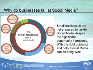 Why do businesses fail at Social Media?
Small businesses are
not prepared to tackle
Social Media despite
the significant
opportunity it presents.
With the right guidance
and help, Social Media
can be a big Win!
 