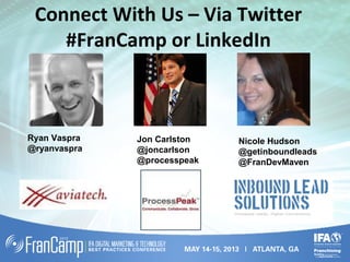 Connect With Us – Via Twitter
#FranCamp or LinkedIn
Jon Carlston
@joncarlson
@processpeak
Ryan Vaspra
@ryanvaspra
Nicole Hudson
@getinboundleads
@FranDevMaven
 