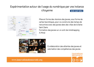Expérimentation autour de l’usage du numérique par une instance
                              citoyenne

	

 	

                               Mise en forme des réunions des Jeunes, sous forme de
                                      cartes heuristiques, pour co-construire des temps de
	

 	

                               rencontres avec des jeunes dans des villes de la Seine
                                      Saint Denis
                                      Formation des jeunes sur un outil de mindmapping
                                      X-Mind




                                                Co-élaboration des attentes des jeunes et
                                                valorisation des compétences des jeunes



          www.innovationsdemocratic.org	

 