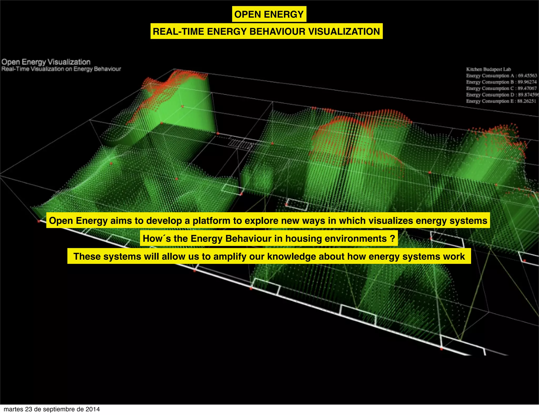 OPEN ENERGY 
REAL-TIME ENERGY BEHAVIOUR VISUALIZATION 
Open Energy aims to develop a platform to explore new ways in which visualizes energy systems 
How´s the Energy Behaviour in housing environments ? 
These systems will allow us to amplify our knowledge about how energy systems work 
martes 23 de septiembre de 2014 
 